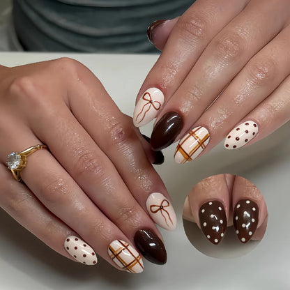 Spicy Girls Almond Fake Nails 24Pcs French Press On Nails Polka Dot/Stripe Printed Charm Manicure Full Cover Stick-on False Nail
