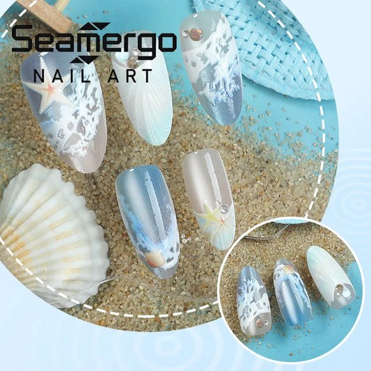 24PCS Blue Ocean Wave Press on Nails Almond Fake Nails with 3D Starfish Shell Rhinestone Details Summer Beach Nail Art Design
