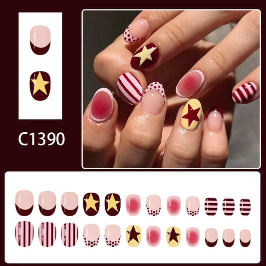 24pcs Smudging Blush False Nails Striped Five-pointed Star Y2k Fake Nails Wave Point French Style Short Almond Press On Nail
