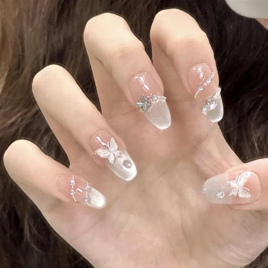 24pcs Gradient French Cat's Eye False Nails Tips Aurora Diamond Butterfly Design Stick on Round Almond Fake Nail Press on Nails