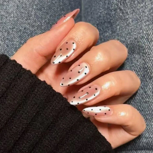 24pcs Nude Color Cat's Eye Fake Nails Black Polka Dot Pattern Press On Nails Simple Almond Shaped Full Cover False Nail For Girl