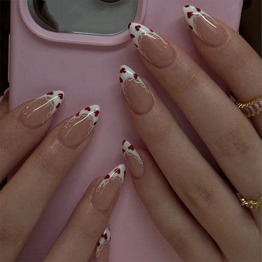 24pcs White French Fake Nails with Love Design False Nail Acrylic Simple Sweet Long Almond Press on Nails Nude Color Manicure