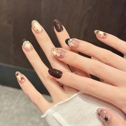 10pcs Handmade Short Oval False Nails Brown Five-pointed Star French Style Press On Nails Champagne Cat's Eye Autumn Fake Nail