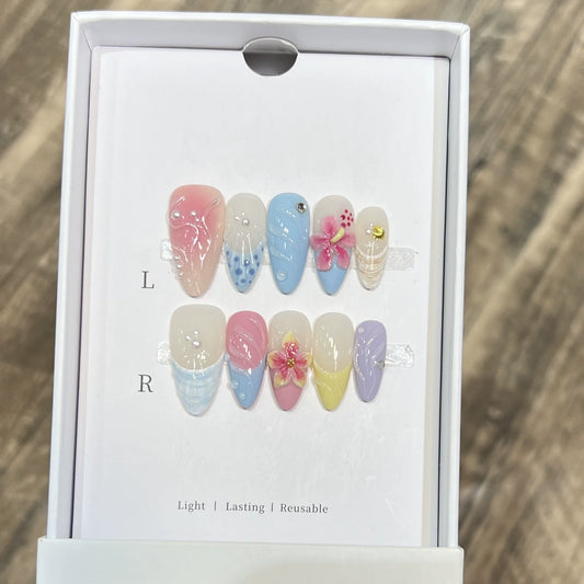 10Pcs Milky Nude Gentle Handmade Press on Nails French Bow Flower Design Fake Nails Mid-length Almond Polka Dot Fashion Manicure