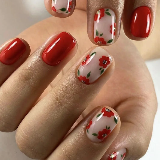 24Pcs Red Flower Shiny Powder with Design Nails Set Press on Short Square Head Fake Nails Detachable Full Cover False Nails Tips