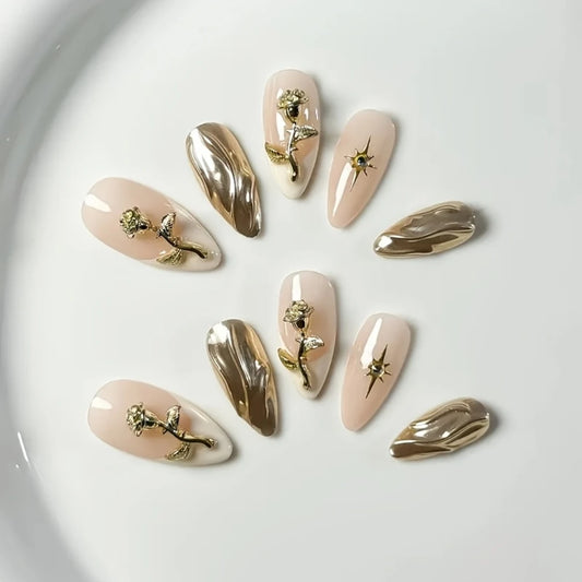 10pcs high-end Almond gold flowers handmade fake nails, Light luxury gold women's nail decoration patch