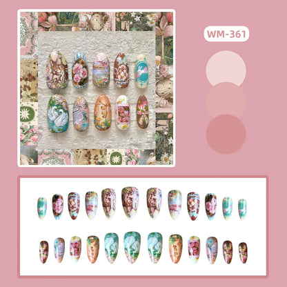 24pcs Field Journal Series False Nails Cute Rabbie Swan Flower Designs Fake Nails European Style Oil Painting Press On Nail