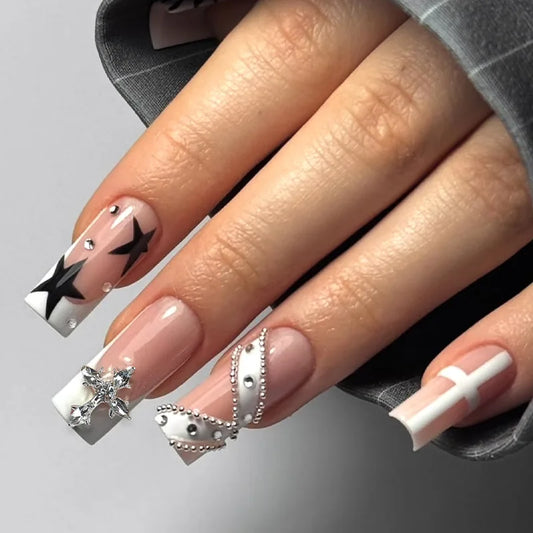 24PCS Long Square Press on False Nails Y2k Black Star Cross Chain with Rhinestone Fake Nails Nude White French Tip Acrylic Nails