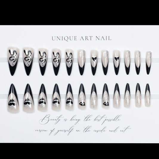 24pcs Y2K Fake Nails Black Long Pointed False Nail Patch Love Flower Printed Full Finished Wearable Press on Nail Tips for Women