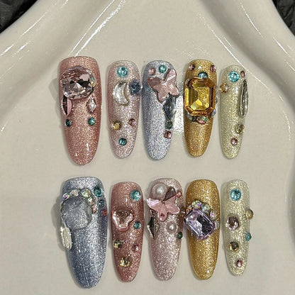 10Pcs White Swan Handmade False Nails Glitter Haze Blue Grey Cat Eye Press On Nail Angel Wing Shiny Diamond Chain Decor Manicure
