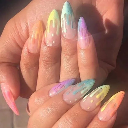 24pcs Press on Nails Wearable Colorful French Mid-length Almond Fake Nails Tips Finished Simple Rainbow Design False Nail Sets