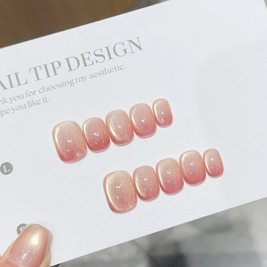10Pcs Short Round Lovely Wearing Press on Nails Pink Shiny Sweet Cat Eye Designs French  Manicure Fashion Finished Acrylic Nails