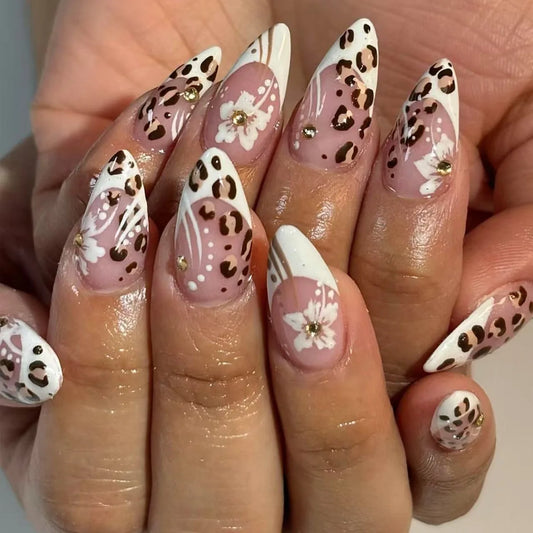 24pcs Leopard Print Design False Nail Flower White French Almond Press on Nails Sets Reusable Rhinestone Design Fake Nail Tips