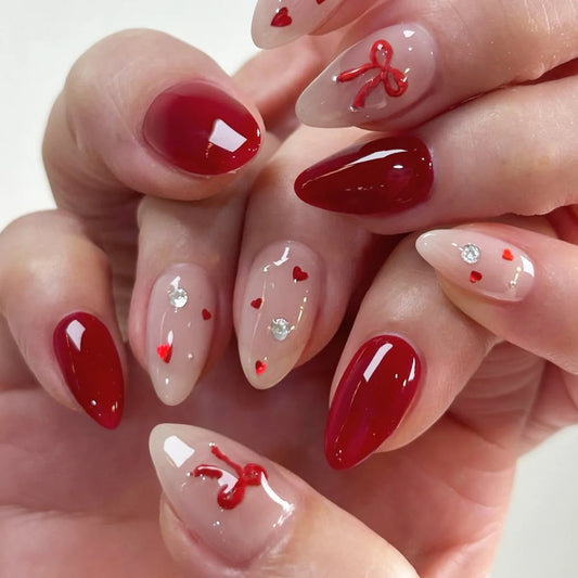 24pcs Fashion Red Press on Nails Sets Valentine's Day Bow Rhinestone Design Short Almond False Nail Reusable Fake Nail Finished