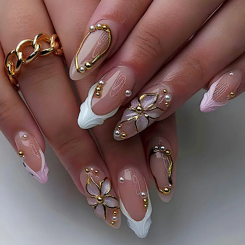 24Pcs French Short Almond Acrylic False Nails Full Cover Flower Pink Sweet Lovely Finished Nail Set Wearable Artificial Manicure