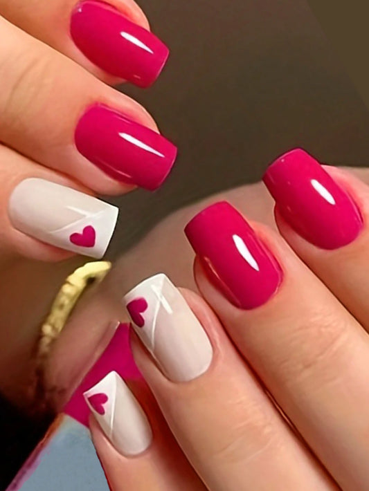 ARTAUG 24PCS Short Square Press On Nails Purple Pink Press On Nails Love Design Fake Nails Full Cover Fake Nail Set Cute Nails
