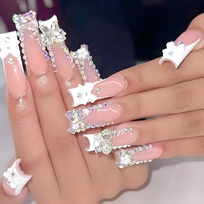 24Pcs Long Square Head French Fake Nail Tips 3D Love Heart Design Press on Nails with Rhinestone Pattern Wearable False Nail Art