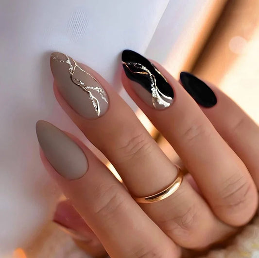 24pcs Almond False Nails Art Glitter Gold Lines Full Cover Nail Smudge Design Wine Press on Nails Tip Acrylic Fake Nail Finished