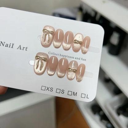 10PCS Handmade Nude Shiny Cat Eye with Bowknot French Sweet Simple Luxury Designs Short Oval Press on Nails Fake Nails for Girls