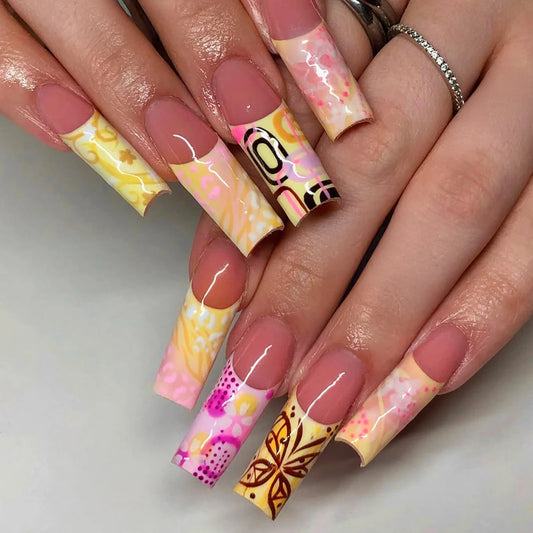 24pcs French Print False Nails Ins Style Patterns Reusable Press On Nails Wearable Full Cover Nails Tips Acrylic Nail Tips