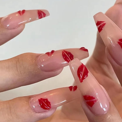 Charm Sexy Red Lips Love Heart Romantic Valentine's Day Ballet Fake Nails Art Almond False Nail Tip Press on Nails Manicure Tool