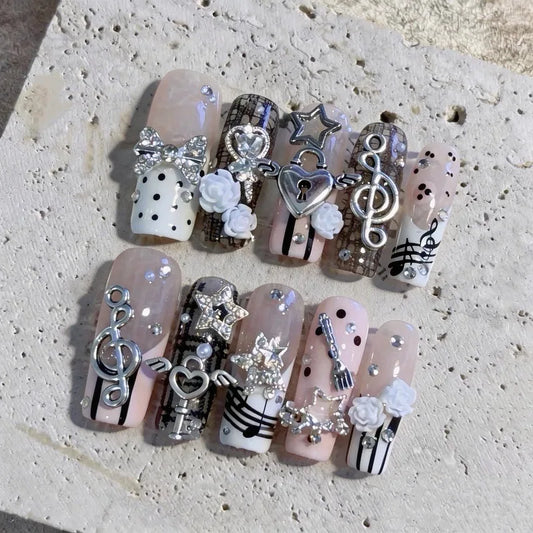 10PCS Musical Notes Retro Vintage Nail Art Y2K Gyaru French Handmade Press on Nails 3D Rose Lock Bow Pink Fake Nails Cute