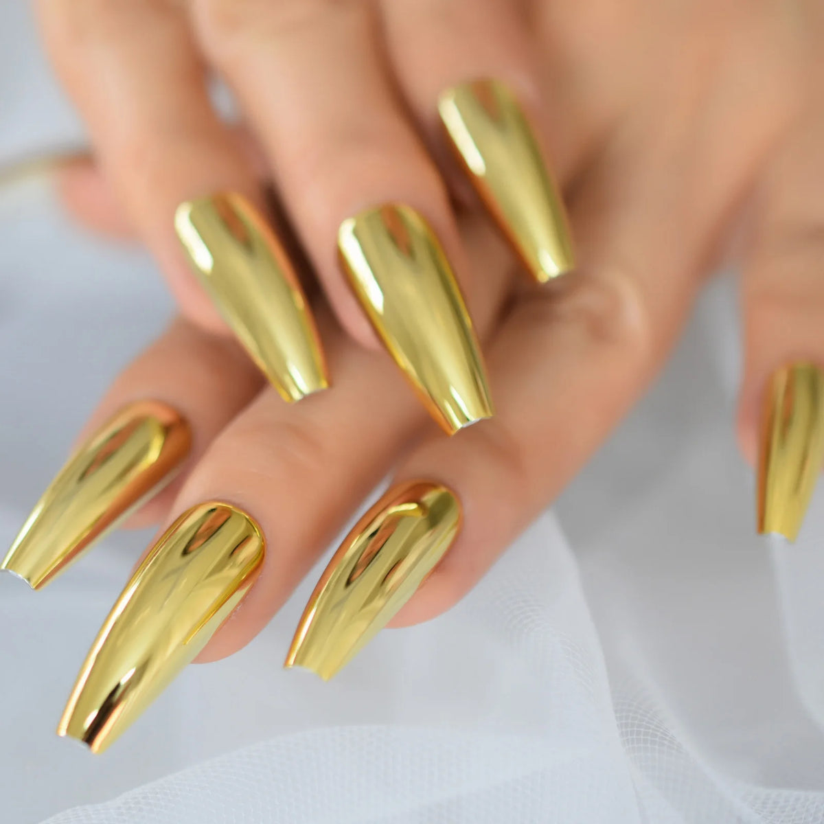 Silver Coffin Fake Nails Long Ballet Metallic False Nail Tips Solid Color Mirror Press On Nails Art Manicure At Home Salon Tools