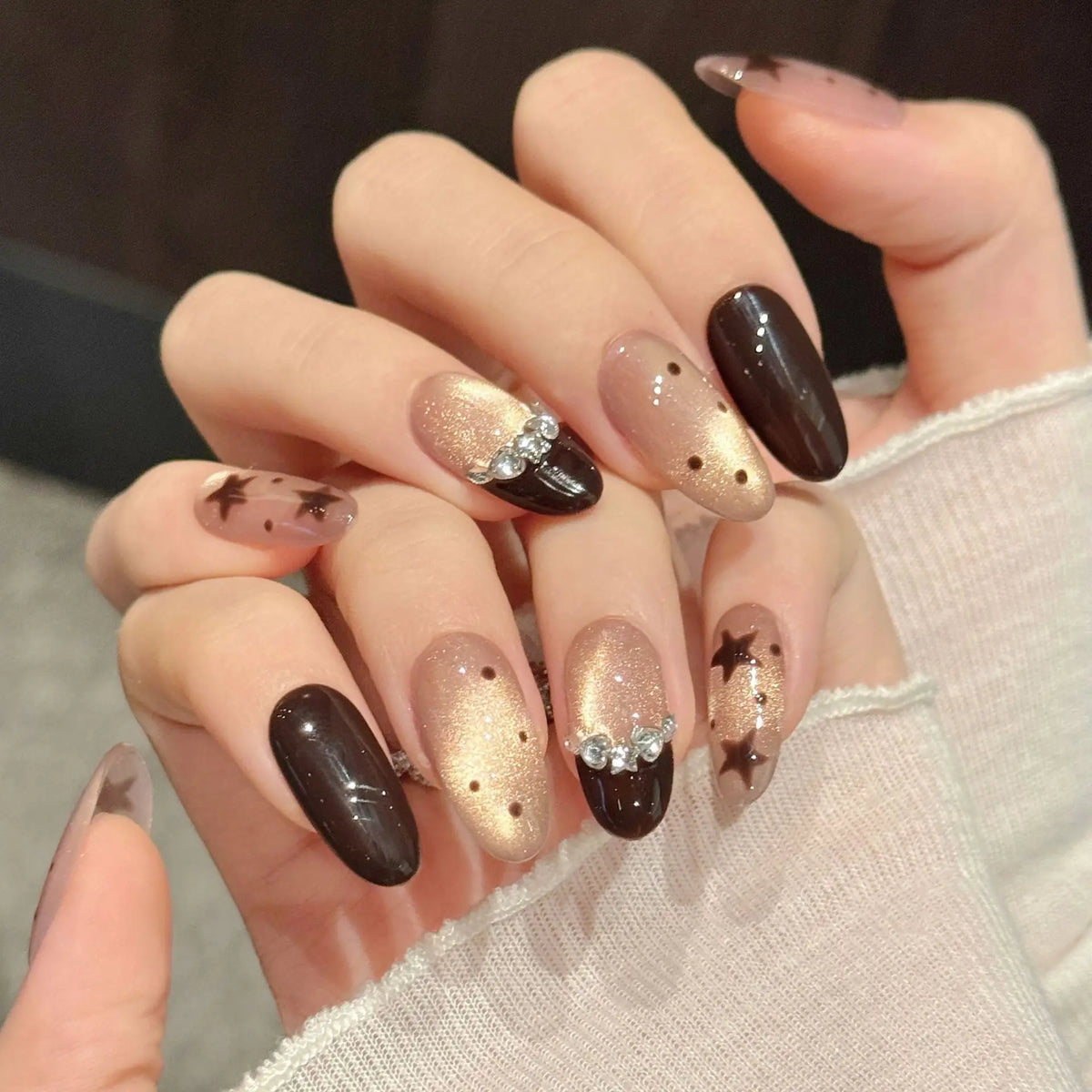 10pcs Handmade Short Oval False Nails Brown Five-pointed Star French Style Press On Nails Champagne Cat's Eye Autumn Fake Nail