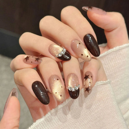 10pcs Handmade Short Oval False Nails Brown Five-pointed Star French Style Press On Nails Champagne Cat's Eye Autumn Fake Nail