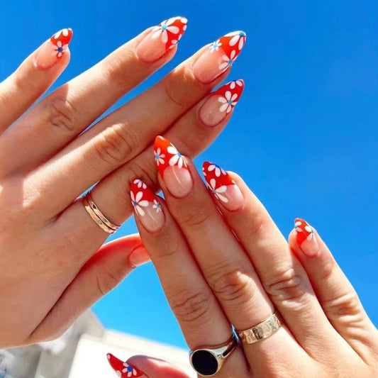 24Pcs French Press on Fake Nails Full Cover Flowers Designs Summer Red Almond Nail Tips Art Wearable French Fashion Manicure Set