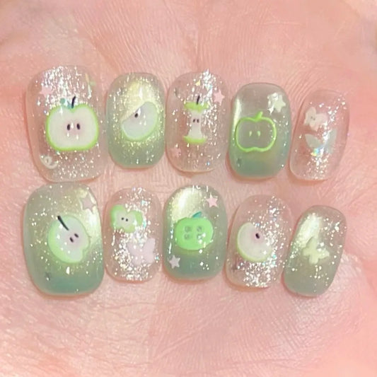 10Pcs Green Gradient Apple Press on False Nails Short Square Head Handmade Fake Nails Cat's Eye Detachable Full Cover Nails Tips