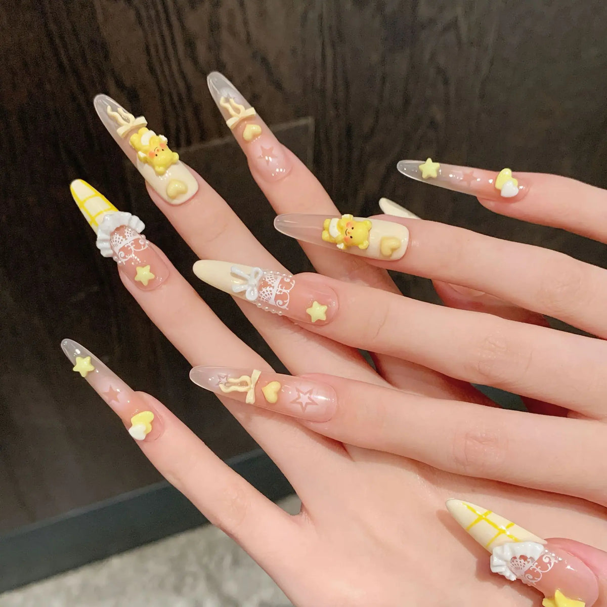 10pcs Handmade Press On Nails Kawaii Yellow Bear Bowknots Star Decor Y2k Fake Nails Blush Almond French Tips Ballet False Nail