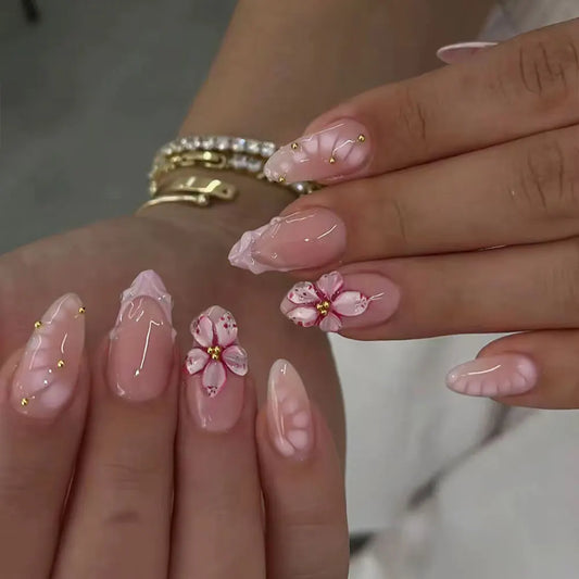 24 pieces of Y2K-style almond-shaped 3D gel flowers in white, with gold beads for decoration, for French manicure patches