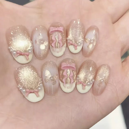 24Pcs Cat's Eye Milk White French Fake Nails Pink Bow Pearl Press on False Nails Short Round Head Reusable Full Cover Nails Tips