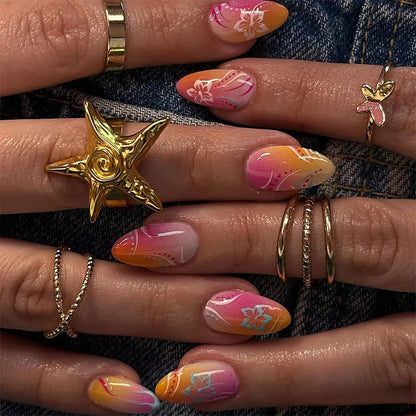 24Pcs Strawberry Star Heart False Nails Pink Stripe Design Full Cover Nails Tips Short Round Head Detachable Press on Fake Nails
