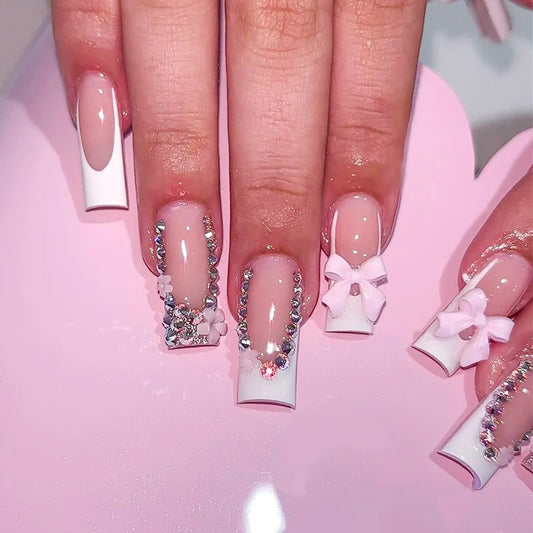 24pcs Long Ballet Press on Nails Art Wearable Pink Coffin False Nails Sets with Love Starlight Design Fake Nail Tips Finished