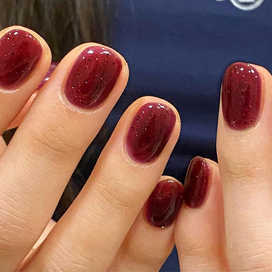 24pcs Solid Color Red Fake Nails Sets Press on Simple Glitter Design Short Round Nails Tips Detachable Square Ballet Manicure
