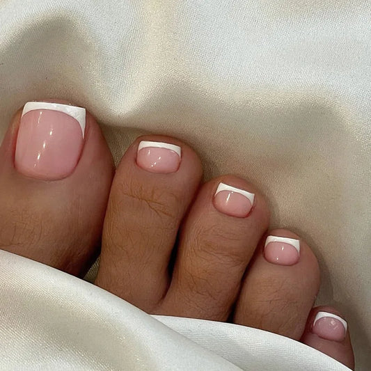 INS Simple White French False Toe Nails 24Pcs Summer Wearable Square Fake Toenails For Women Lady Reusable Nude Press on Toenail