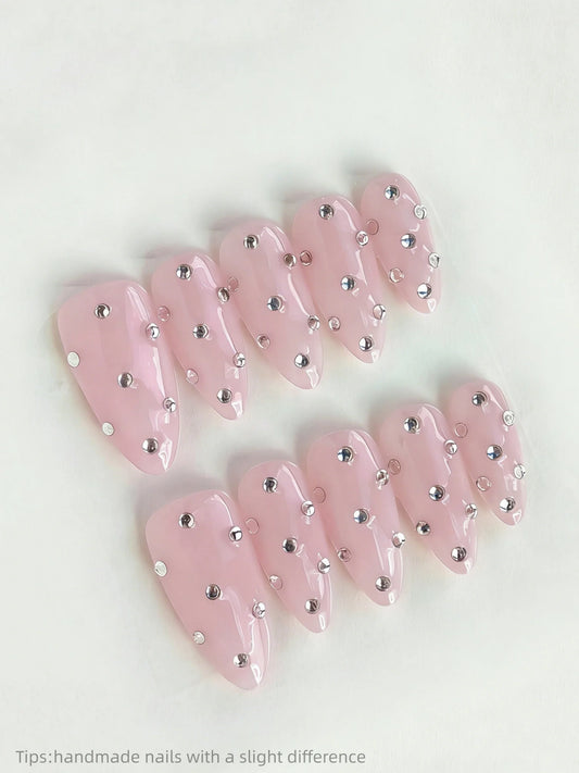 10pcs Long Almond Handmade Press-On Nails,Pink Nails,Cute,Polka Dot Nails,Suitable For All Ladies & Girls Everyday Wear