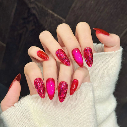 10pcs Rose Red Cat's Eye Press On Nails Solid Pitaya Color Almond Handmade Fake Nail Shiny Sequins Designs Spicy Girl False Nail