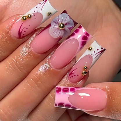 24PCS Spice Girls False Nails Sweet Cool 3D Pink Flowers with Diamonds Decoration Square Press on Nails Full Cover Wearable Tips