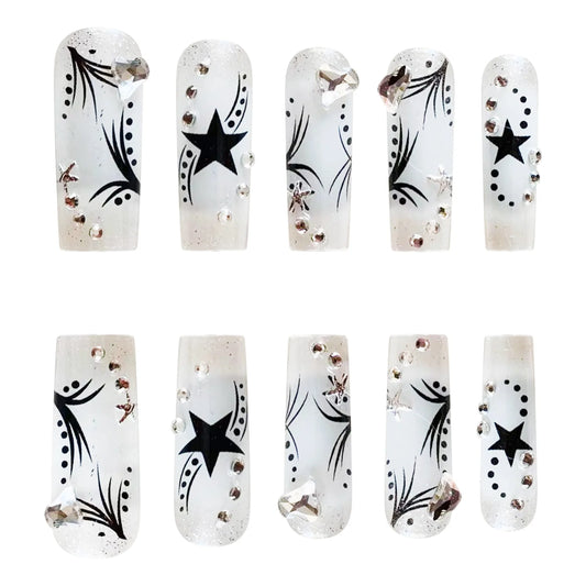 24PCS Long Square Clear Silver Glitter Press on Nails Star Heart Rhinestone Decor Black Line Art Y2K Style Reusable False Nails