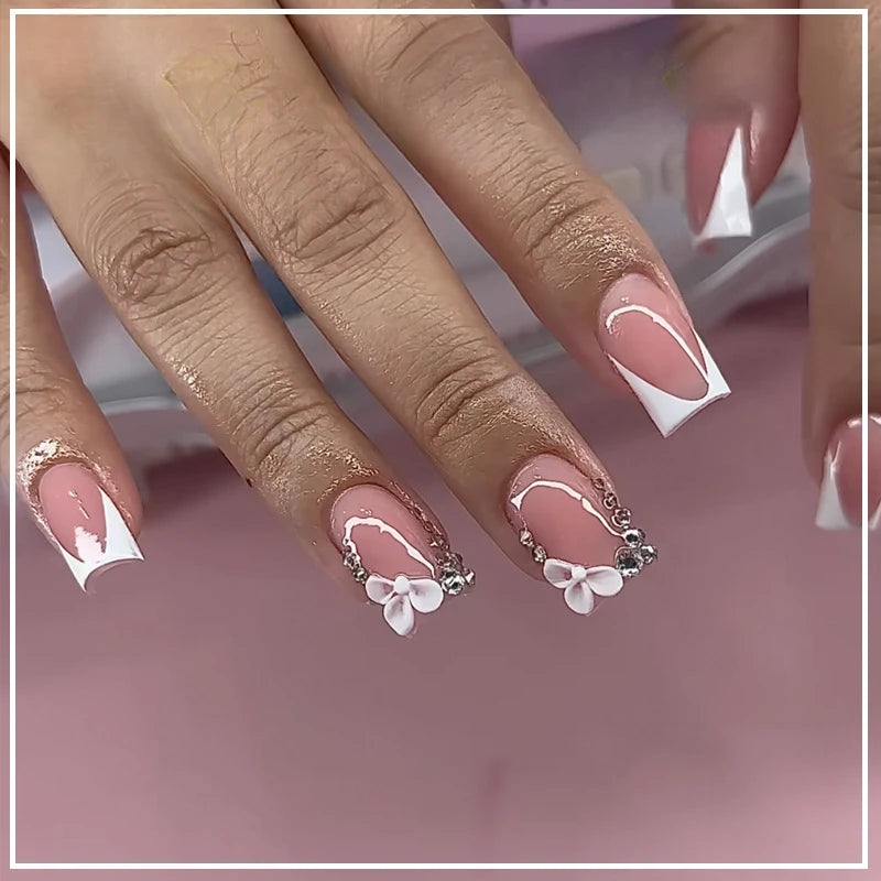 24Pcs Nude White French Fake Nail Short Square Nail Tips Fashion Wearable False Nails with Glue Simple Full Cover Press on Nails