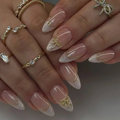 24pcs Round Head Almond Fake Nails White French False Nail Flower Stick on Nail Tip with Golden Design Short Press on Nails Sets