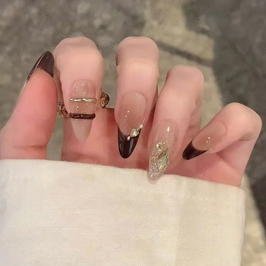 24Pcs Long Almond Press on Nails Rhinestone Shiny Powder Detachable Fake Nails Full Cover Brown Smudge French False Nails Tips