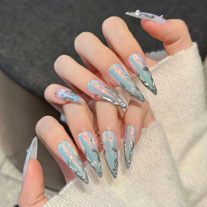 10pcs Silver Aurora Long Stiletto Fake Nails Metal Edge Design Punk Style Handmade Press On Nails Spicy Girl Wearable False Nail