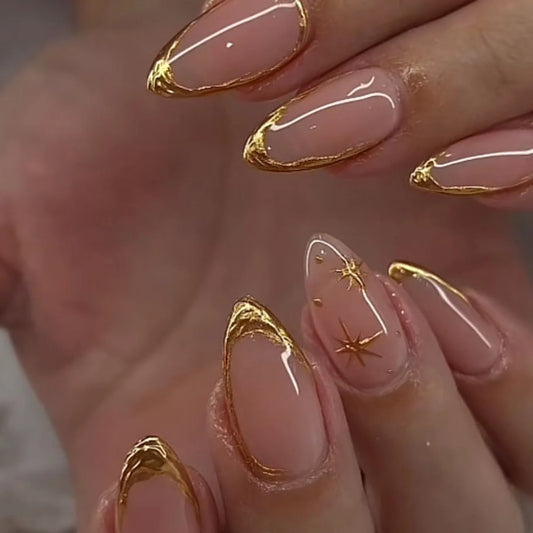 24pcs Almond False Nails with Golden Starlight Design Press on Nails Sets Simple Pink Short Fake Nail Art Wearable Manicure Tips