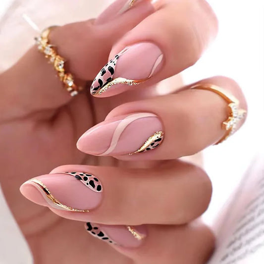 24pcs Leopard Print French Press on Nails Tips Spicy Girl Pink Mid-length Almond Fake Nail with Wave Line Design False Nail Sets