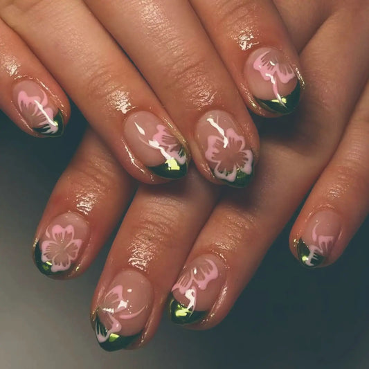24Pcs Green Oval Spring Fake Nail Full Cover Shiny Flower Design Fresh French Wearing Nail Art Tips Short Acrylic Nails Tips Set