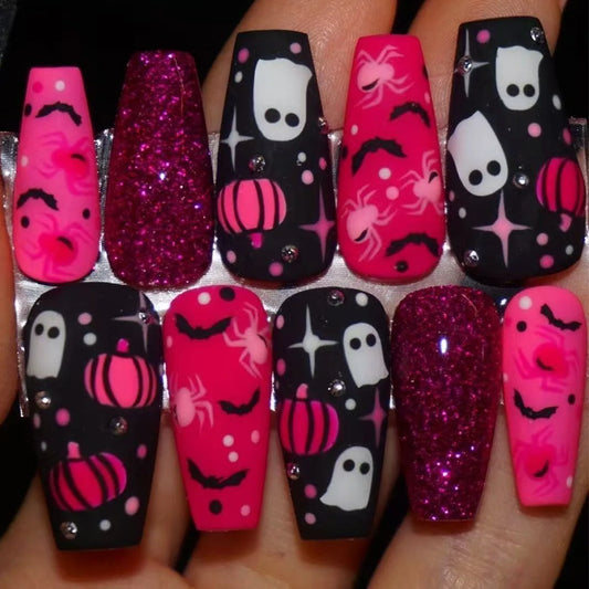 24pcs Halloween Coffin False Nails Pumpkin Bat Design Pink Mid-length Ballet Press on Nails Tips Wearable Glitter Fake Nail Sets